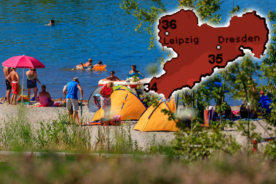 Badegäste am Störmthaler See bei Leipzig. Bei den erwarteten Temperaturen eine willkommene Erfrischung.