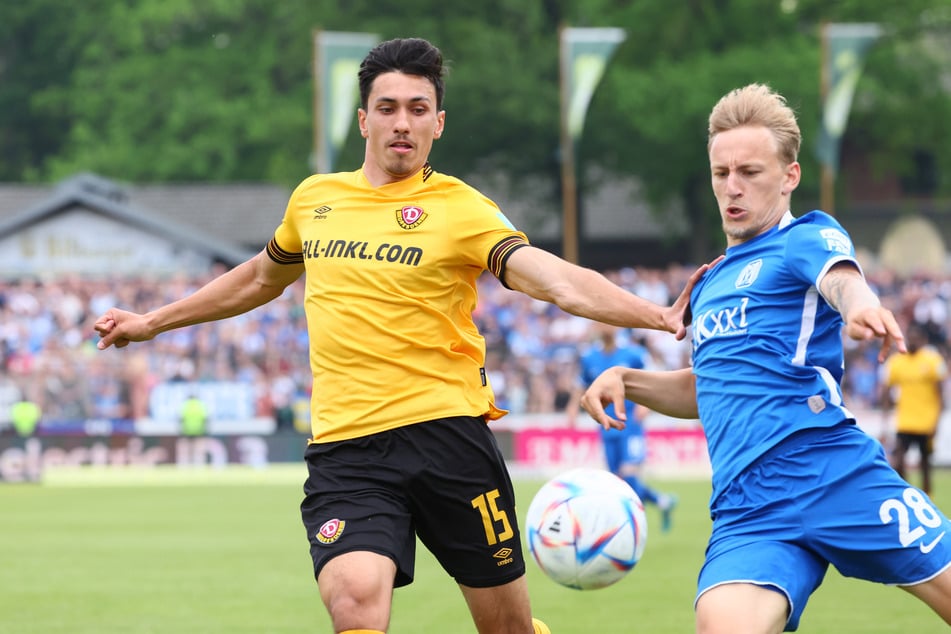 Keine gute Erinnerung: Sascha Risch (24, r.) schoss bei der 1:4-Pleite der Dynamos im Mai 2023 das 2:1 und sorgte damit für die Wende.