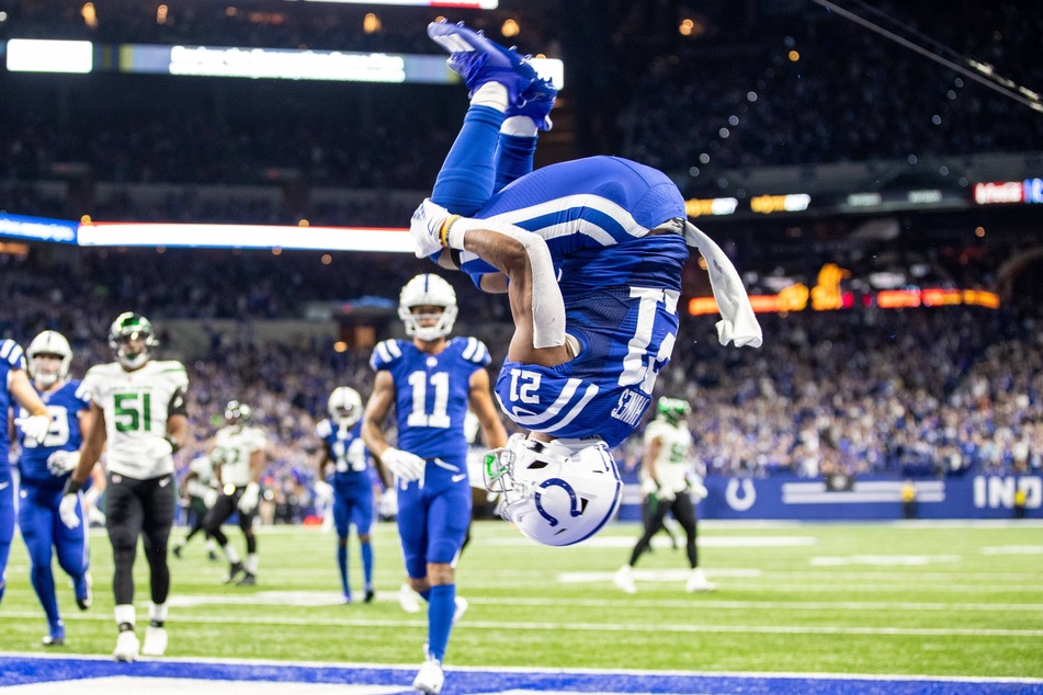 Colts running back Nyheim Hines celebrates a touchdown in Indianapolis' Thursday night win over NY.