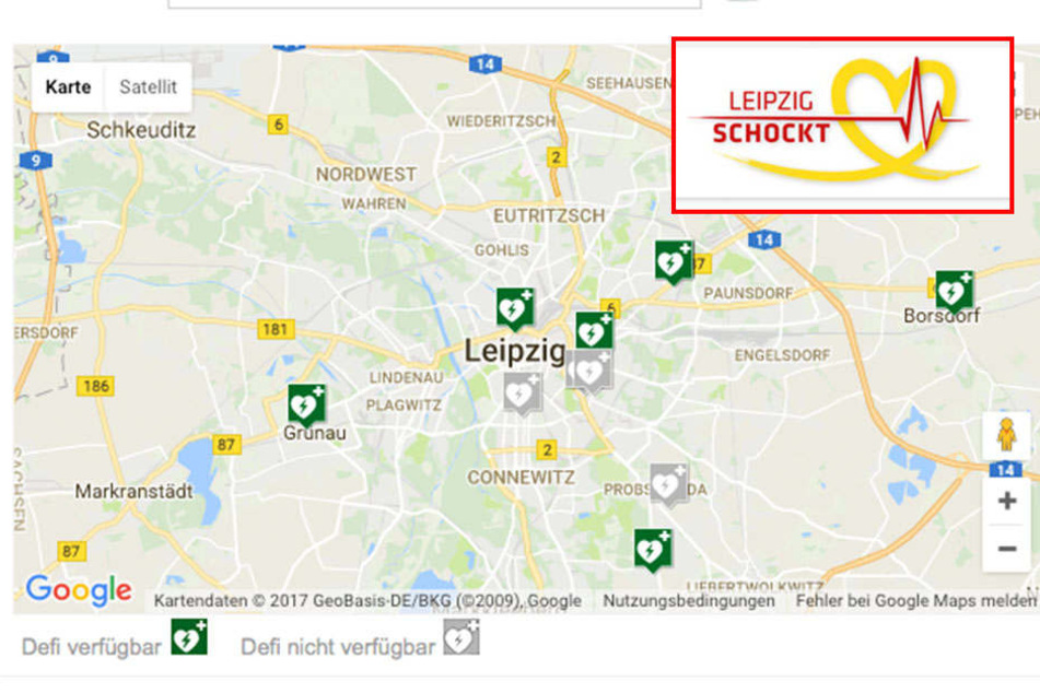 Auf der Karte werden die Standorte der Defibrillatoren angezeigt.
