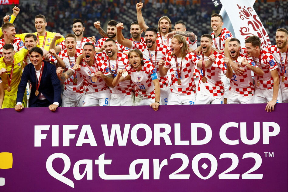 Croatia players celebrated on stage as they finished in third place against Morocco in the 2022 FIFA World Cup.