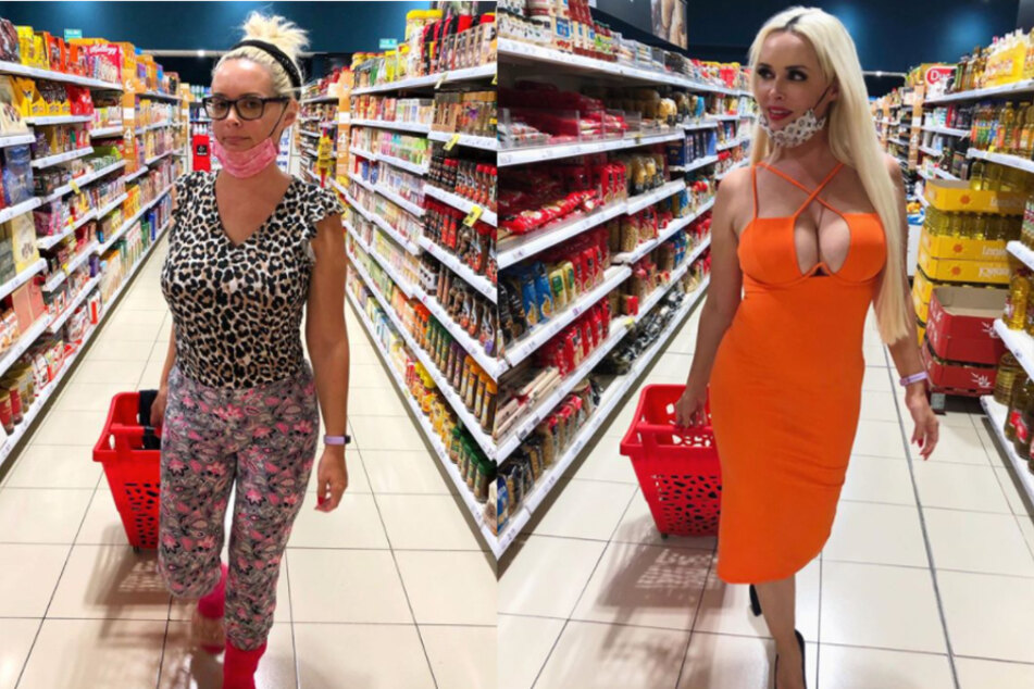 Daniela Katzenberger (33) zeigt sich in zwei völlig unterschiedlichen Outfits im Supermarkt und bespaßt damit ihre Instagram-Follower. (Fotomontage)