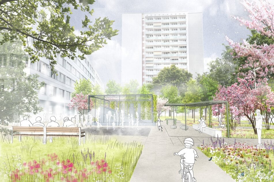 Eine Visualisierung des Grünen Bogens. Im Hintergrund einer der ikonischen Plattenbauten entlang der Prager Straße.