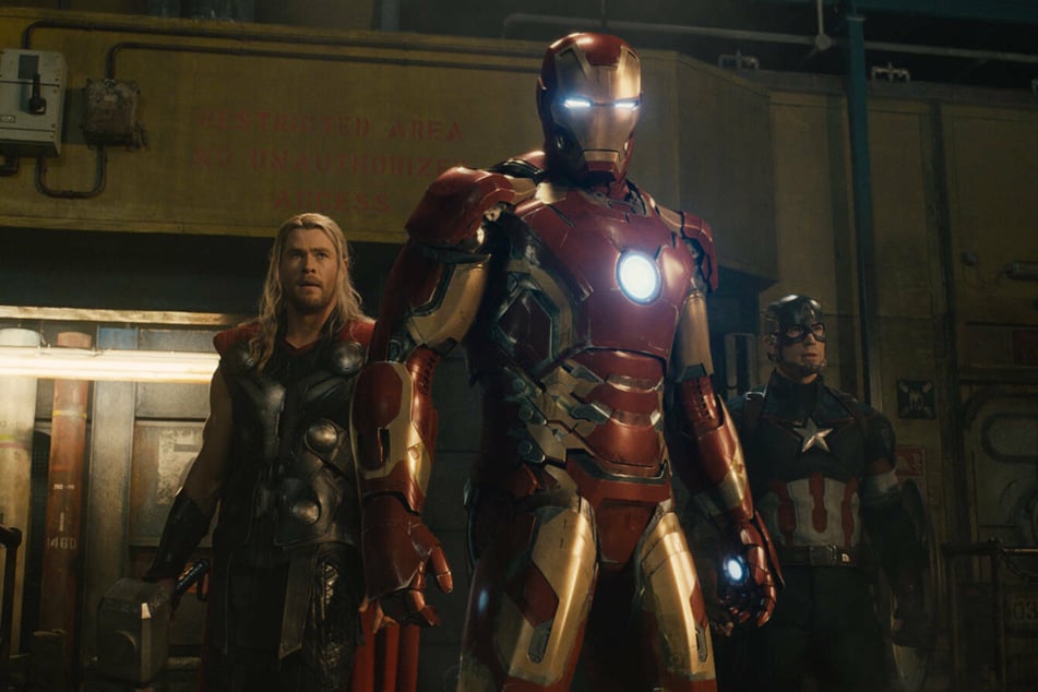 (From left to right) Chris Hemsworth, Robert Downey Jr., Chris Evans, portray Thor, Tony Stark/Ironman, and Steve Rogers/Captain America in Avengers: Age of Ultron.