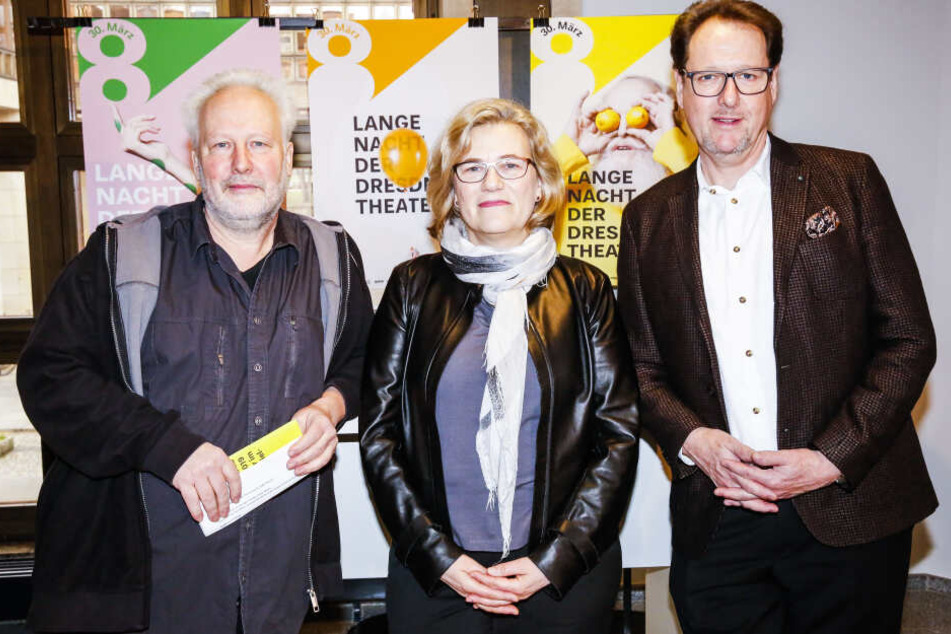 Drei Intendanten präsentierten das Programm (v.l.): Jörg Berger (TheaterRuine), Carena Schlewitt (Hellerau) und Peter Theiler (Semperoper).