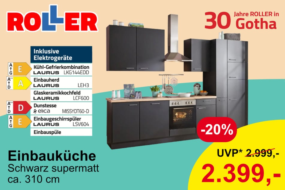 Einbauküche inkl. Küchengeräten der Marken Laurus und elica für 2.399,99 statt 2.999 Euro.