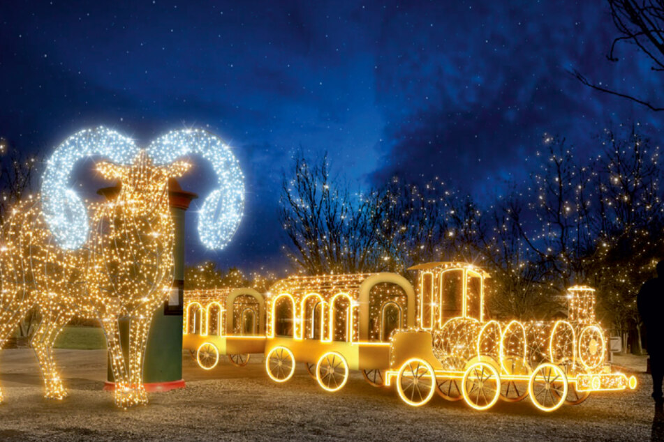 Leuchtwesen wie das goldene Mufflon oder die Lichterbahn mit Sitzplätzen erwarten die Besucher des Winterzaubers.