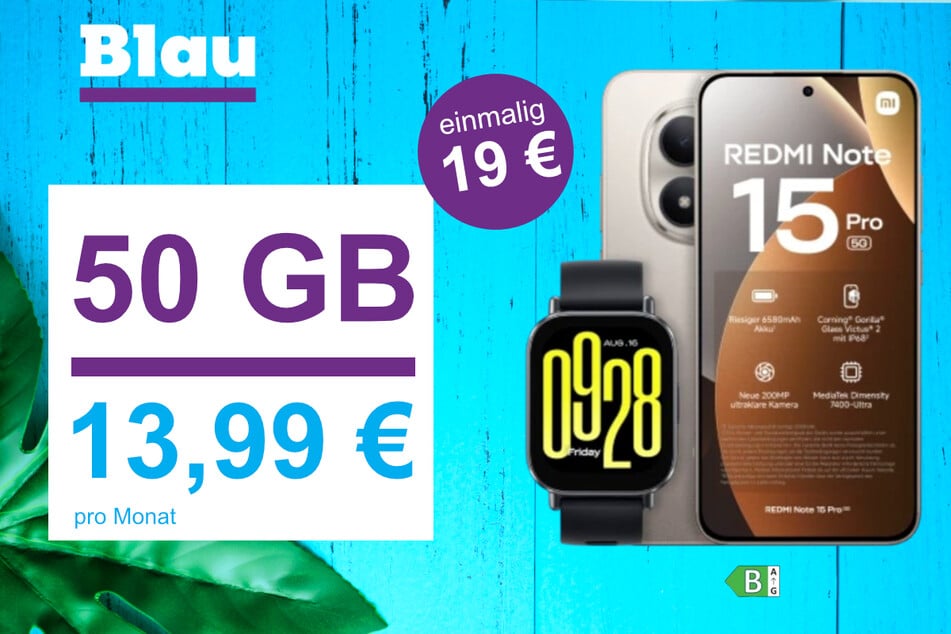 Das Xiaomi Redmi Note 15 Pro 5G mit Watch 5 Active für einmalig nur 19 Euro bei Blau.