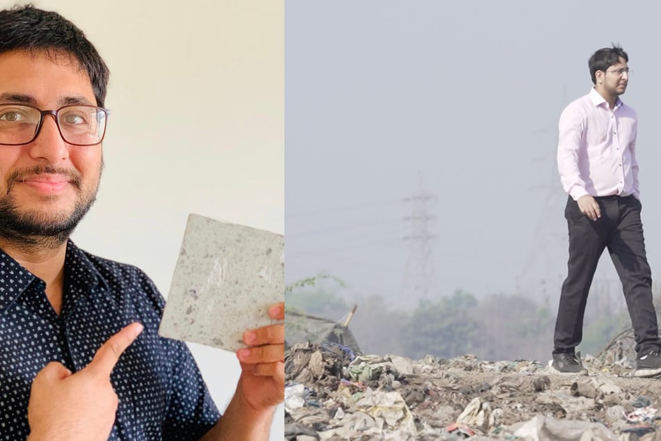 Binish Desai presenting the material of his up-cycled brick (l.); Binish Desai visiting a landfill (r.).