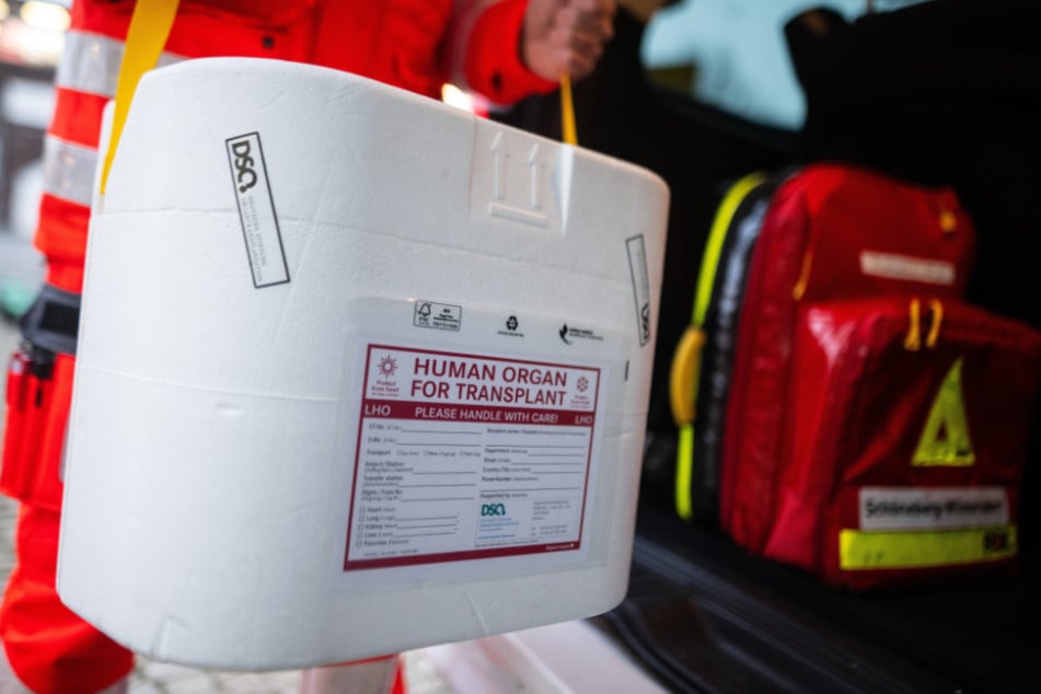 Ein Mitarbeiter des DRK stellt eine Kühlbox für eine Organspende in einen Transporter des Deutschen Roten Kreuzes.