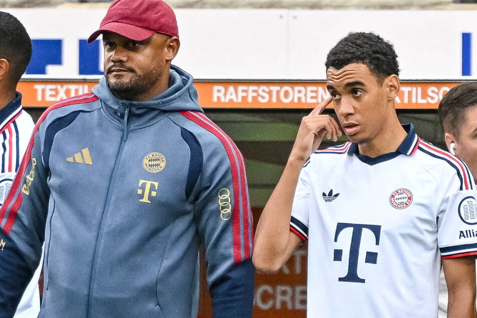 Bayern-Trainer Vincent Kompany (40, l.) wird das Team-Sorgenkind Jamal Musiala (23) wohl erst einmal pausieren lassen.