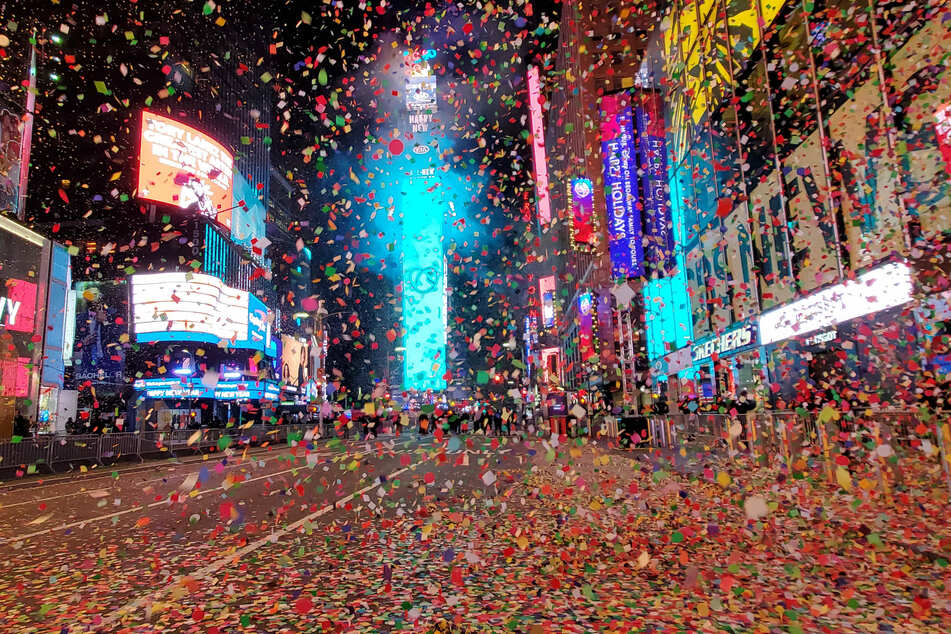 An empty Times Square in New York City is showered with confetti following the ball drop on January 1, 2021, which didn't allow for spectators due to Covid-19 concerns.