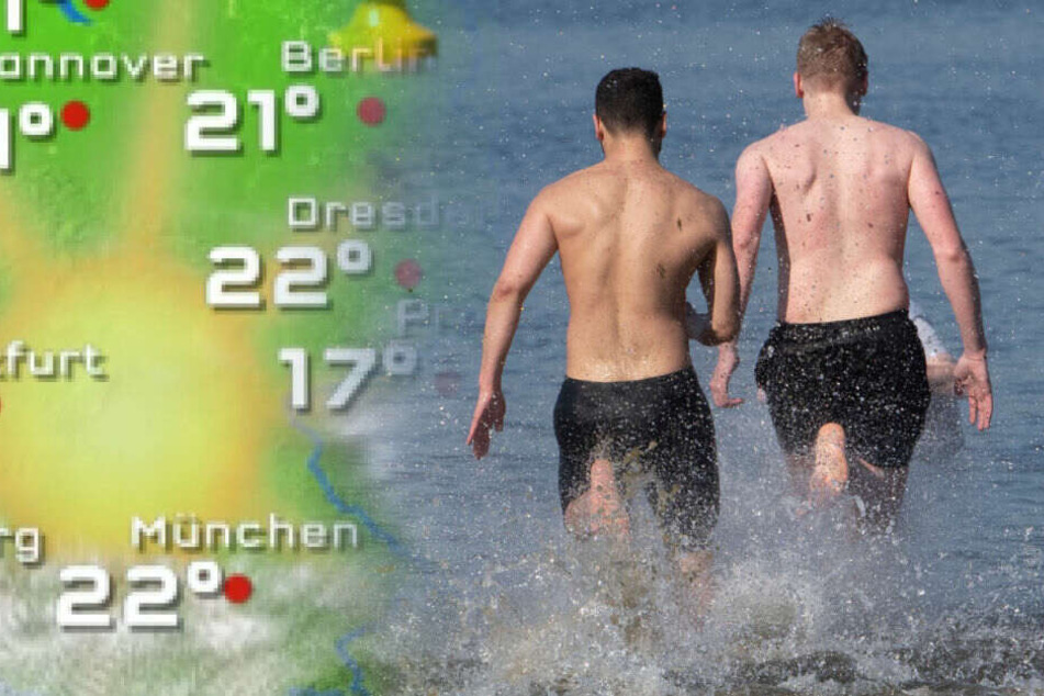 Berliner konnten sich über tolles Wetter am Osterwochenende freuen. Zwei Männer wagten sich in den kalten Wannsee. (Bildmontage)