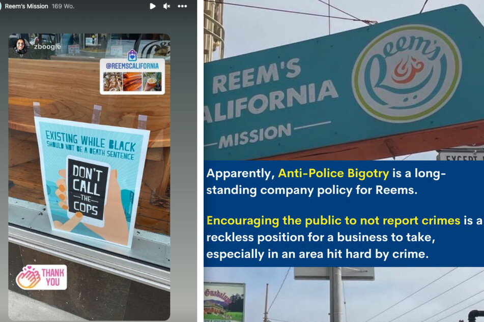 Ein Screenshot von einem Reem's-Aushang (l.), in dem dafür geworben wird, nicht direkt die Polizei zu rufen, nur weil jemand Schwarz ist. Das SFPD wertete ihn als Aufruf, Verbrechen nicht an sie weiterzuleiten.