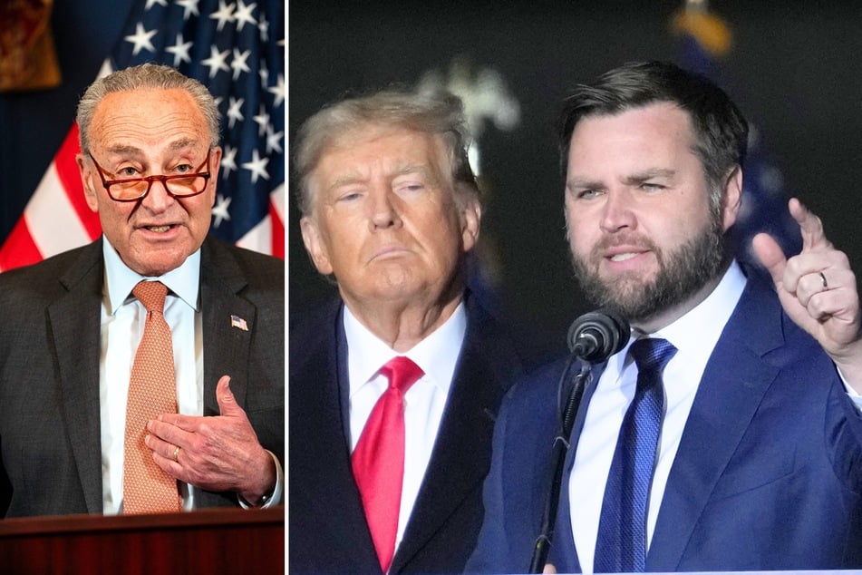 In a recent interview, Senate Majority leader Chuck Schumer (l.) said Donald Trump (c.) made "an in credibly bad choice" picking JD Vance (r.) to be his vice president.