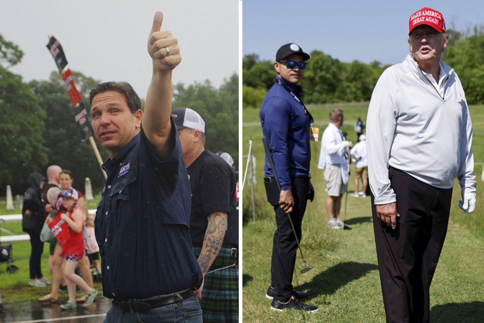 Florida Governor Ron DeSantis (l.) marched in the Merrimack Fourth of July parade, while his GOP primary rival Donald Trump remained at his New Jersey golf resort.