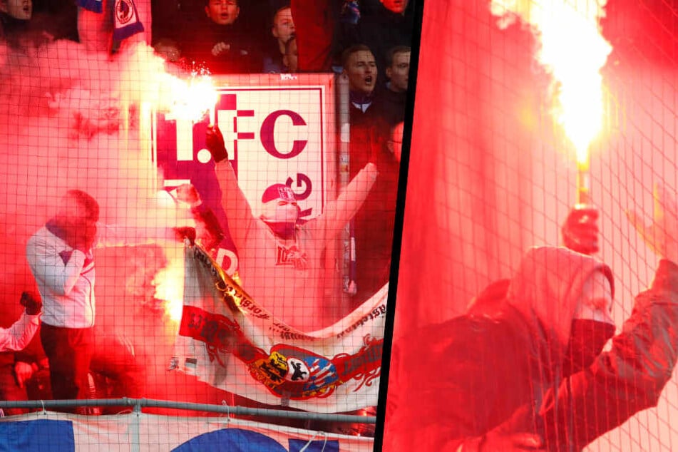 Im Hinspiel wurde ordentlich Pyro gezündet. Unter anderem verbrannten die Magdeburg-Fans einen Union-Banner. (Bildmontage)