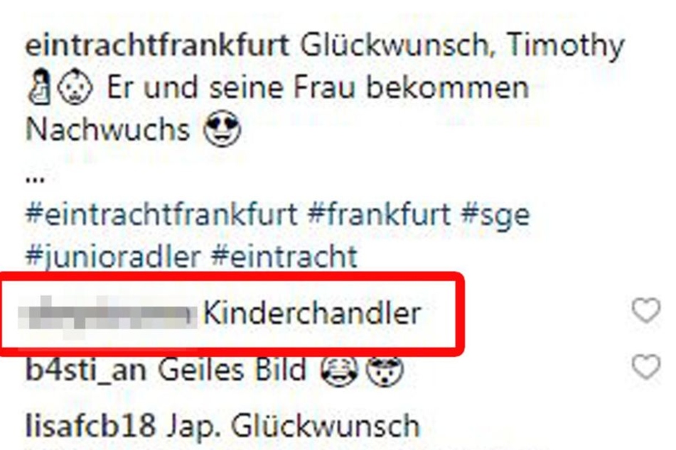 Der Screenshot zeigt den mehr als unangebrachten Kommentar eines Users auf dem Profil von Eintracht Frankfurt.