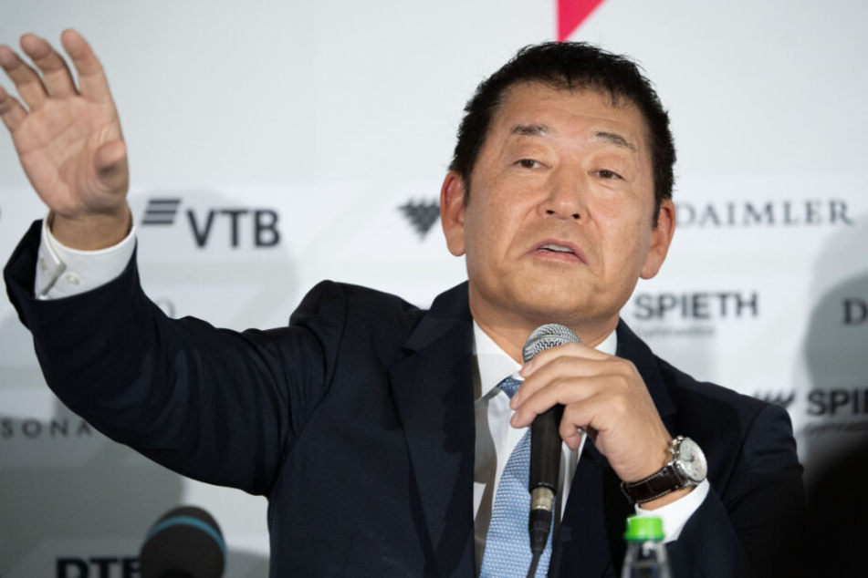 Präsident des Weltverbandes Morinari Watanabe bei der Pressekonferenz.
