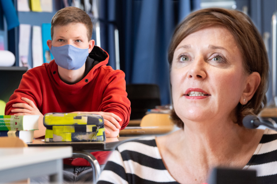 Ministerin Yvonne Gebauer (54, FDP) hält die Maskenpflicht an NRW-Schulen für alternativlos. (Fotomontage)