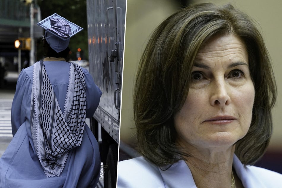Columbia University acting president Claire Shipman (r.) was met with boos and jeers as she tried to deliver a speech during the 2025 graduation ceremony.