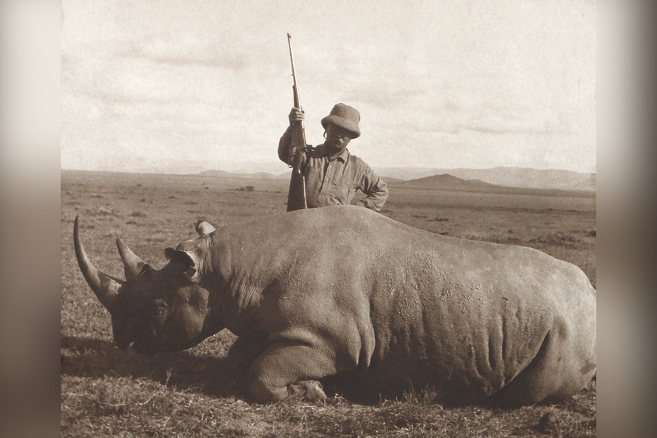Former US President Theodore Roosevelt stands over a black rhino he has shot while on an extended African safari.