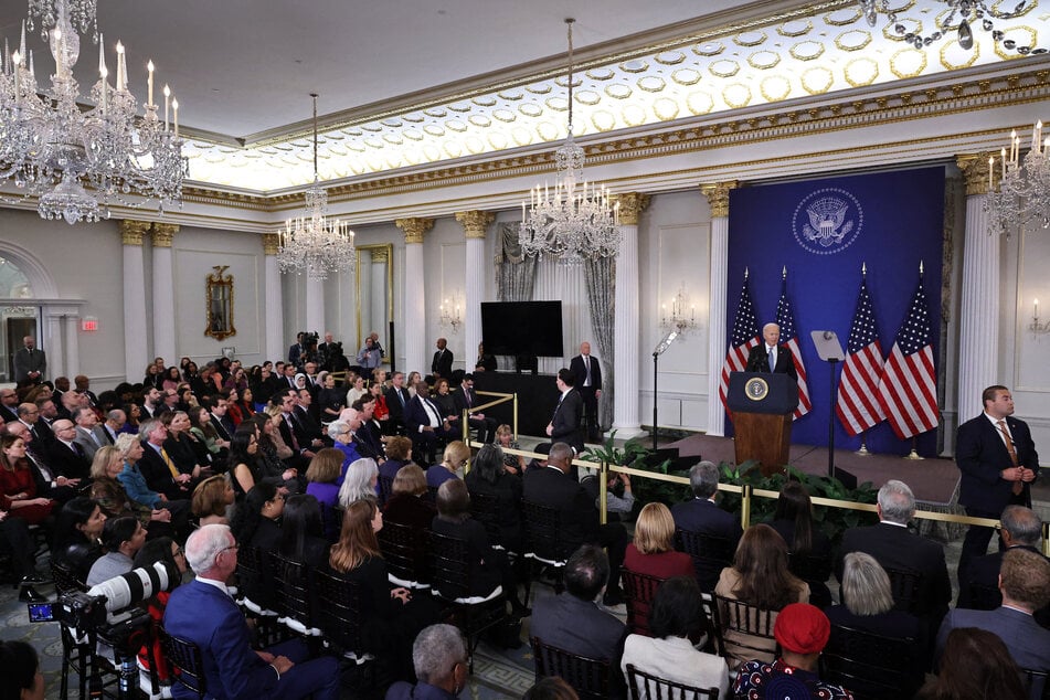 President Joe Biden delivers a speech about his foreign policy achievements in the Ben Franklin Room at the State Department's Harry S. Truman headquarters building on Monday in Washington, DC.