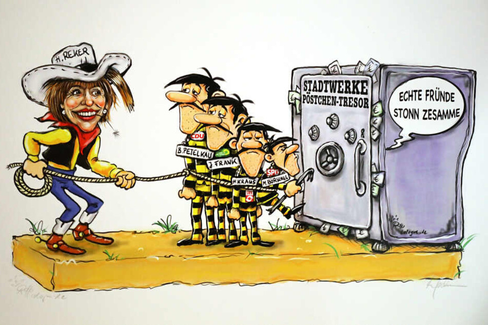 Die Reproduktion einer Zeichnung des Kölner Karikaturisten Rollo zeigt den an die Lucky-Luke-Comichefte angelehnten Entwurf für einen Motivwagen zum Thema Stadtwerkeskandal in Köln.