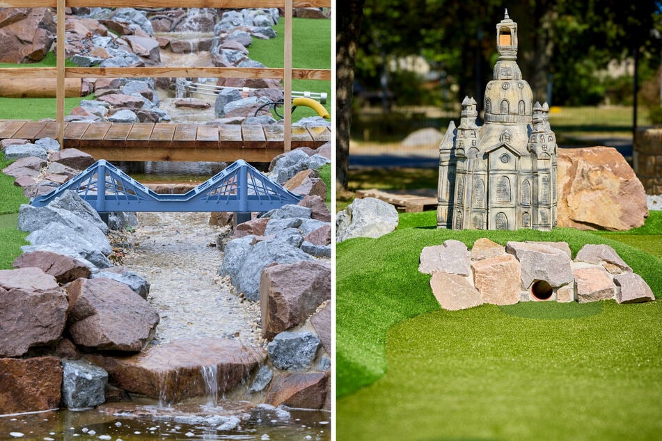 Von der Quelle bis zum Blauen Wunder plätschert die Mini-Elbe (l.) im Golfpark. An Bahn 2 steht die Frauenkirche.