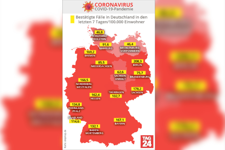 Die Karte zeigt die bestätigten Corona-Fälle in Deutschland in den letzten sieben Tagen/100.000 Einwohner.