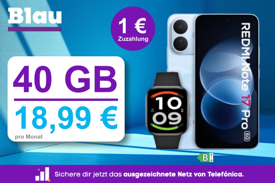 Das Xiaomi Redmi Note 17 Pro 5G mit Watch 6 Active und 40 GB Daten für einmalig 1 Euro bei Blau.