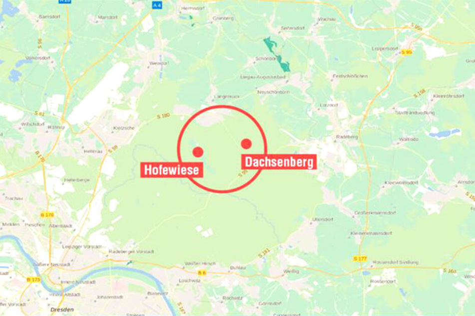 Zwischen Hofewiese (roter Kreis links) und Dachsenberg (Kreis rechts) liegt der Schwerpunkt der Wolfsnachweise.