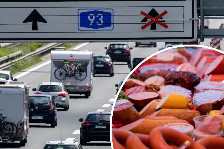 Nach einem Unfall auf der A93 verteilten sich Fleisch und Wurst auf der Fahrbahn. (Bildmontage)