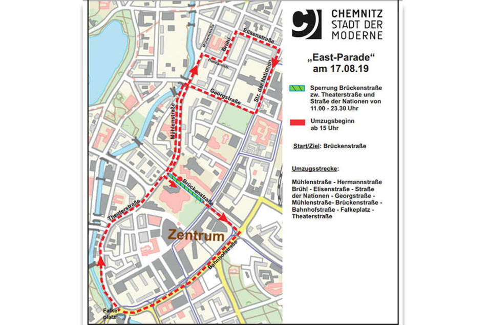 Die Parade ist auf der rotmarkierten Strecke unterwegs.