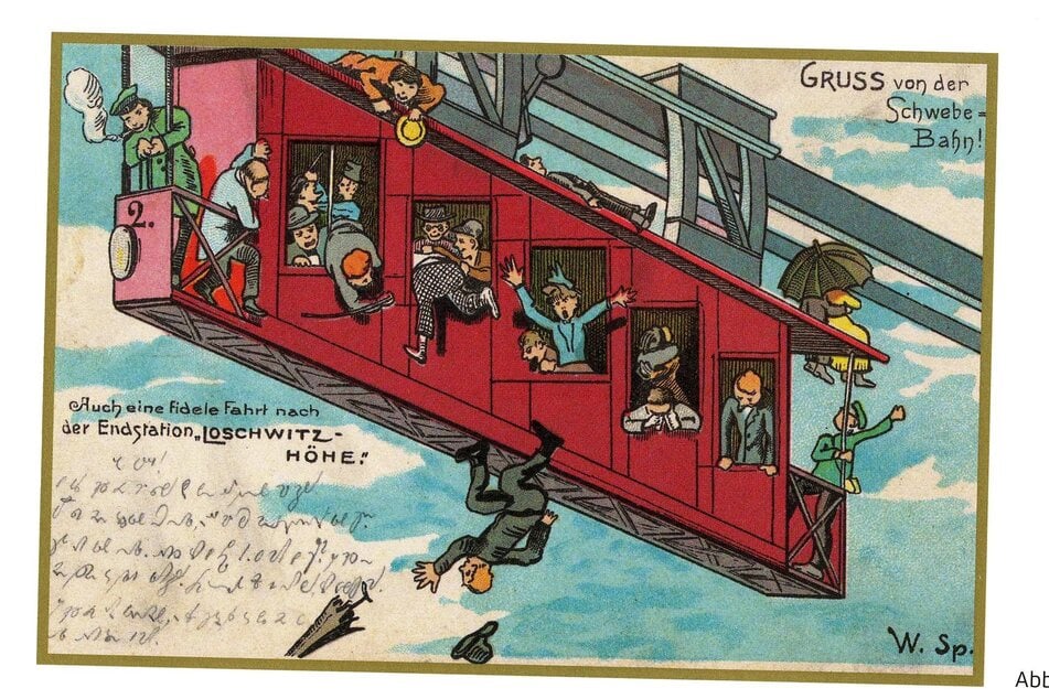 Humoristischer "Gruß von der Schwebebahn" auf einer alten Postkarte.
