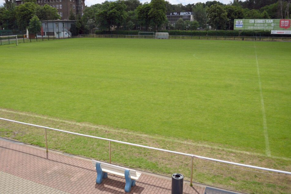 Blick über den Rasenfußballplatz des Käthe-Tucholla-Stadions auf dem Gelände des Sportvereins SSV Köpenick-Oberspree.