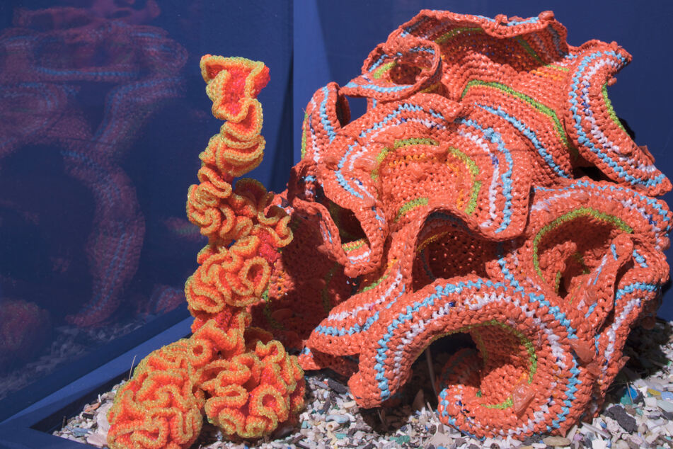 Das Foto zeigt eine gehäkelte Koralle CCR-PR-7 von Margaret und Christine Wertheim und dem Institute For Figuring aus der Schau "Pod World – Plastic Fantastic" auf der Biennale von Venedig 2019 unter dem Motto "May You Live In Interesting Times". Das Museum Frieder Burda in Baden-Baden ruft für eine im kommenden Jahr geplante Ausstellung dazu auf, Korallen zu häkeln.