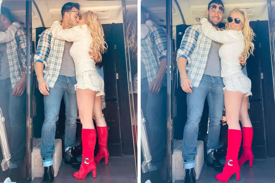 Britney Spears (r.) and fiancé Sam Asghari rang in her 40th birthday on a private jet headed "out of the country."