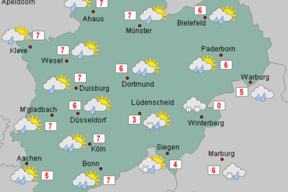 Am Montag ist in NRW verbreitet Regen angesagt. Nur im Bergland fällt zumindest ein bisschen Schnee.