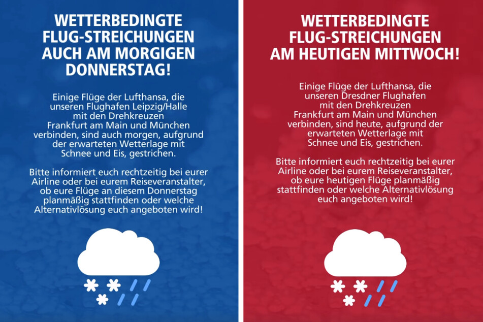 Via Instagram wird für die Flughäfen in Dresden und Leipzig vor Beeinträchtigungen am Mittwoch sowie Donnerstag gewarnt.