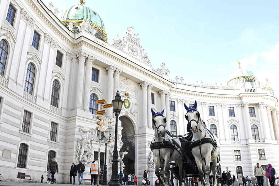 ine Pferdekutsche fährt am Michaelerplatz vor der Wiener Hofburg entlang.