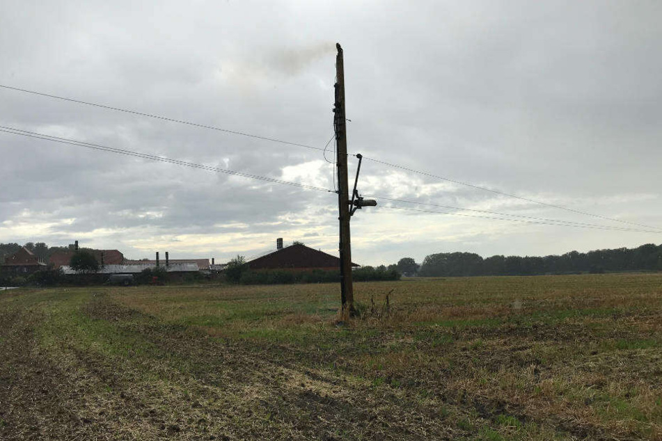 Auf einem Feld in Nordkirchen ist ein Strommast aus Holz vermutlich wegen eines Blitzeinschlags in Brand geraten.