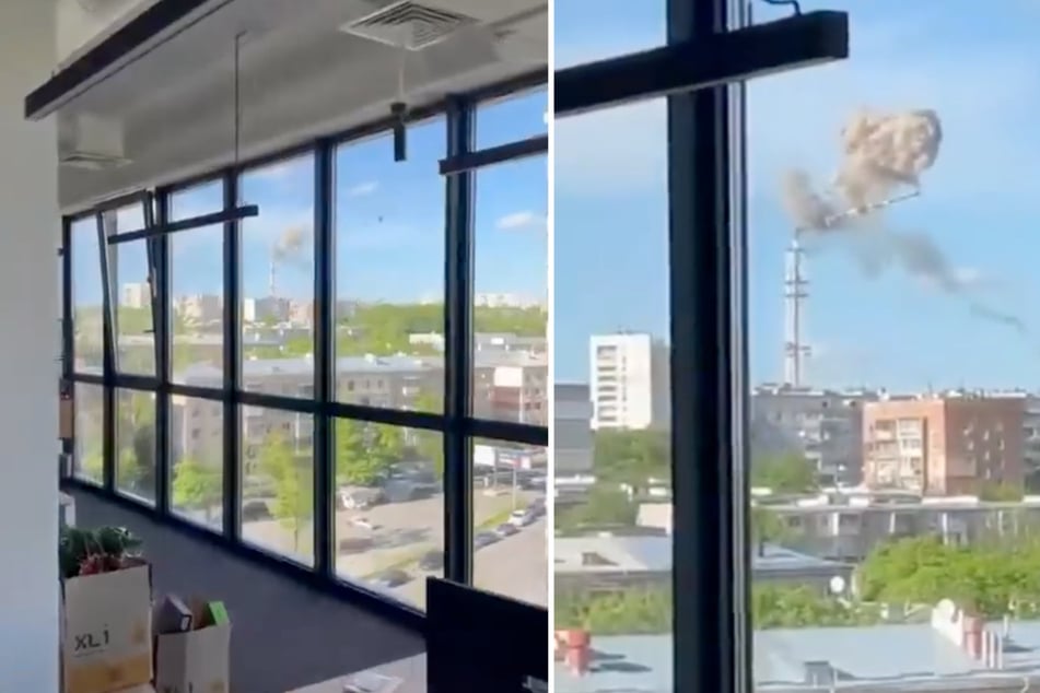 In den sozialen Medien kursieren Videos, die den Einsturz des Fernsehturms in Charkiw zeigen.