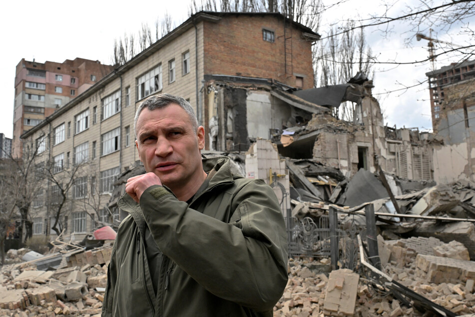 Kyiv mayor Vitali Klitschko at the scene of one of the buildings damaged in Russia's latest attack.