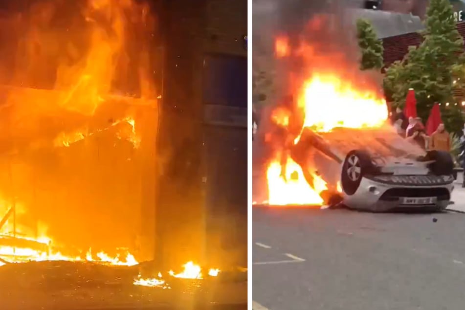 Randalierer zündeten in Sunderland ein Gebäude und Autos an.