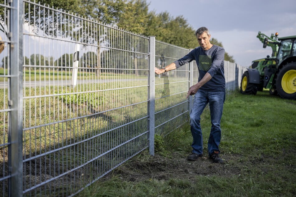 Geschäftsführer Gerald Jäkel (54) zeigt auf den mittlerweile reparierten Zaun, durch den die Täter mit den geklauten Treckern gefahren sind. Im Hintergrund steht ein Traktor ähnlichen Typs.