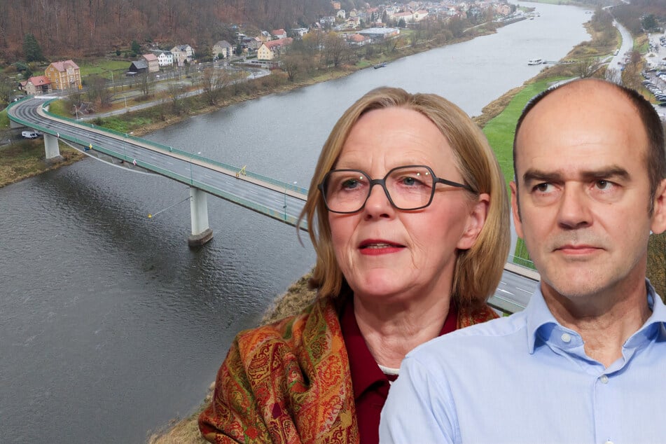 Elbbrücke Bad Schandau: Brückenexperte Steffen Marx (55) und Infrastrukturministerin Regina Kraushaar (60, CDU) wagen den Stresstest.