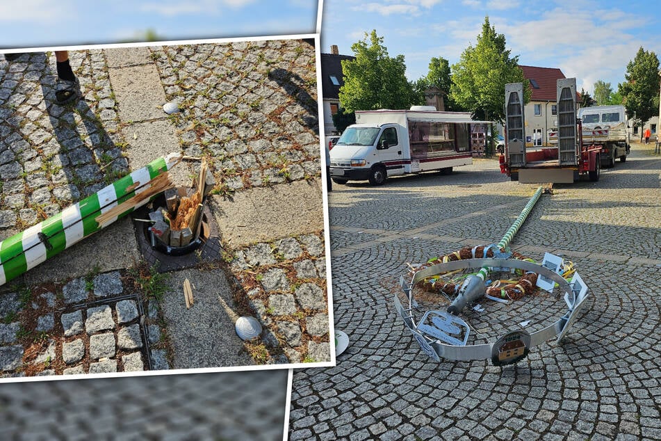 Unverhofftes Ende eines Maibaums in Leipzig: Im Stadtteil Liebertwolkwitz wurde der Baum am Freitag versehentlich beim Rangieren "gefällt".