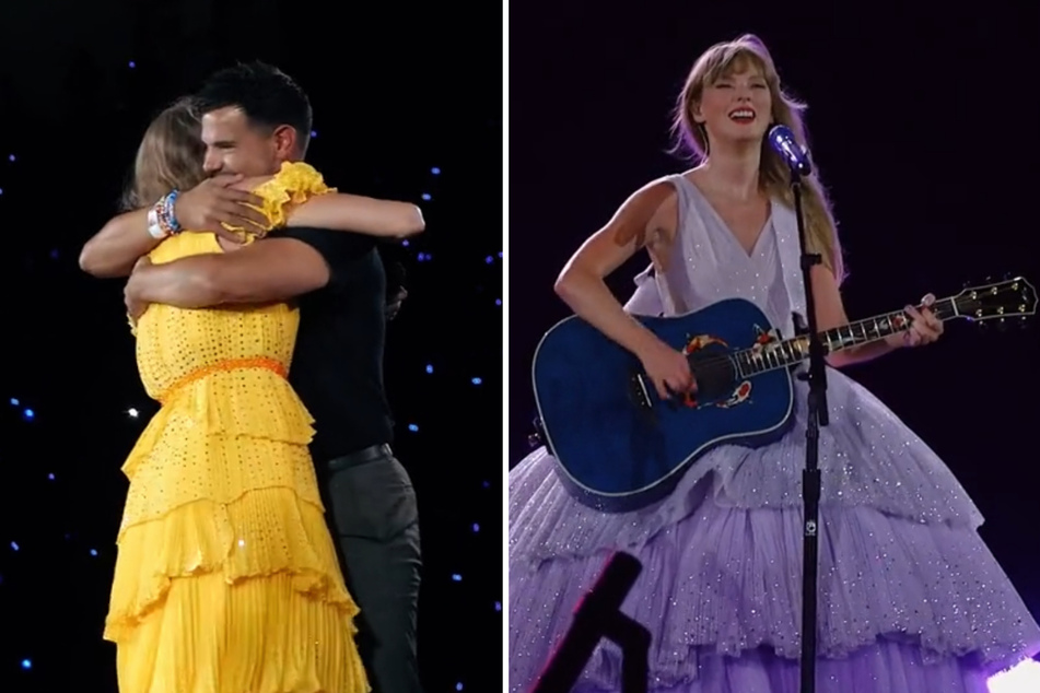 Taylor Swift (r.) brought Taylor Lautner on stage to commemorate the I Can See You music video in Kansas City.