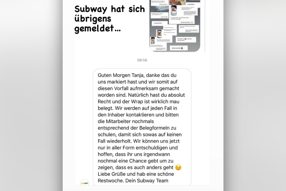 Tanja Szewczenko teilt die Nachricht von Subway in ihrer Instagram-Story.